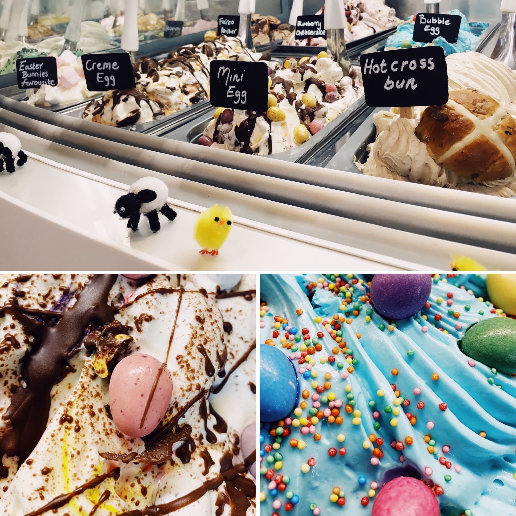 Hooray's easter flavours and close ups of mini egg and blue egg gelato